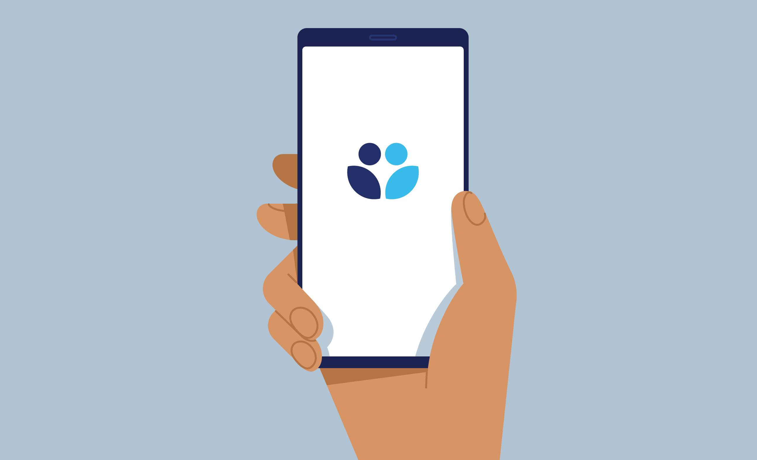 Illustration of hand holding smartphone with app logo displayed